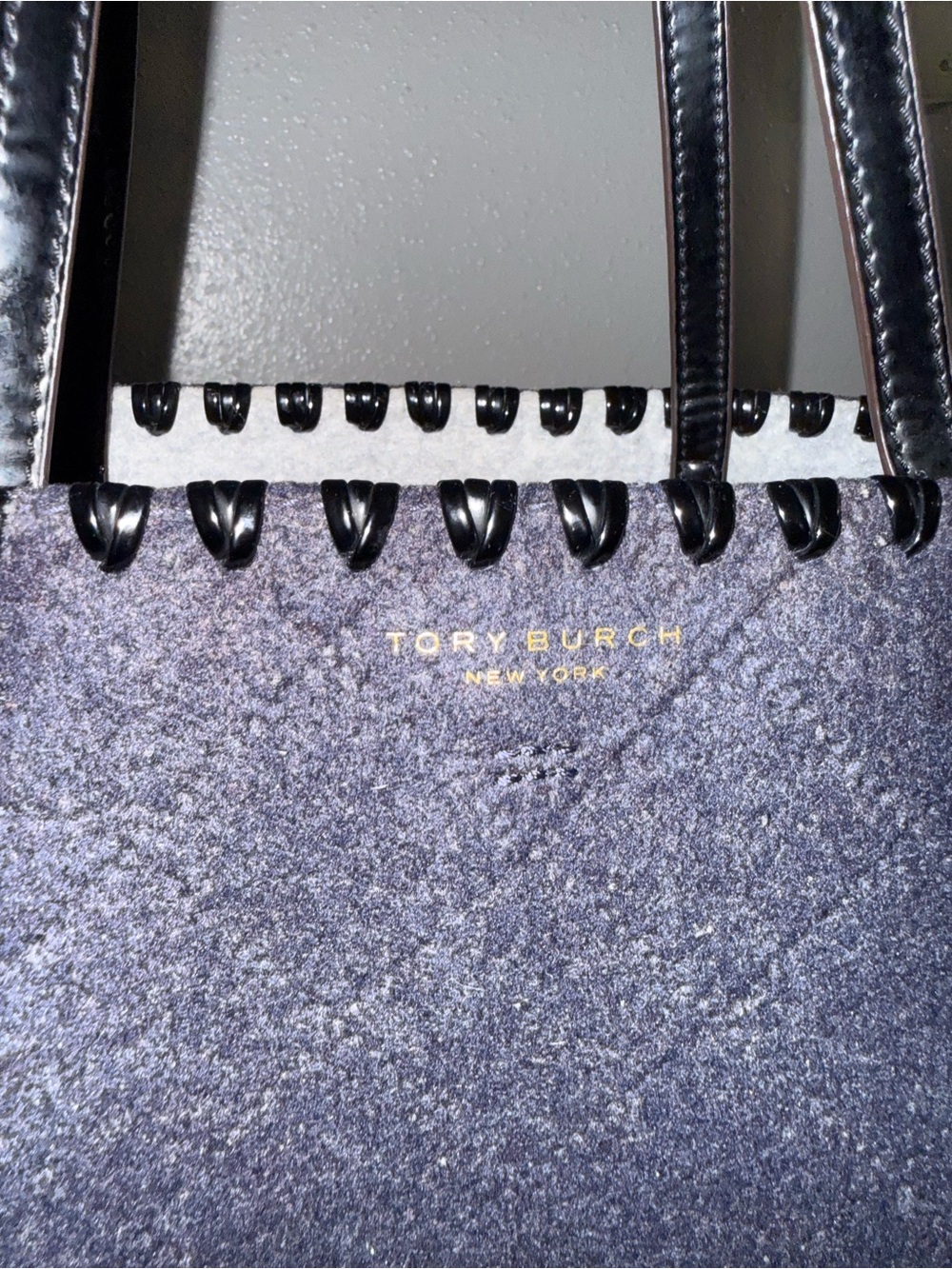 Tory Burch Navy Felt Tote with Black Patent Handles - Picture 2 of 5